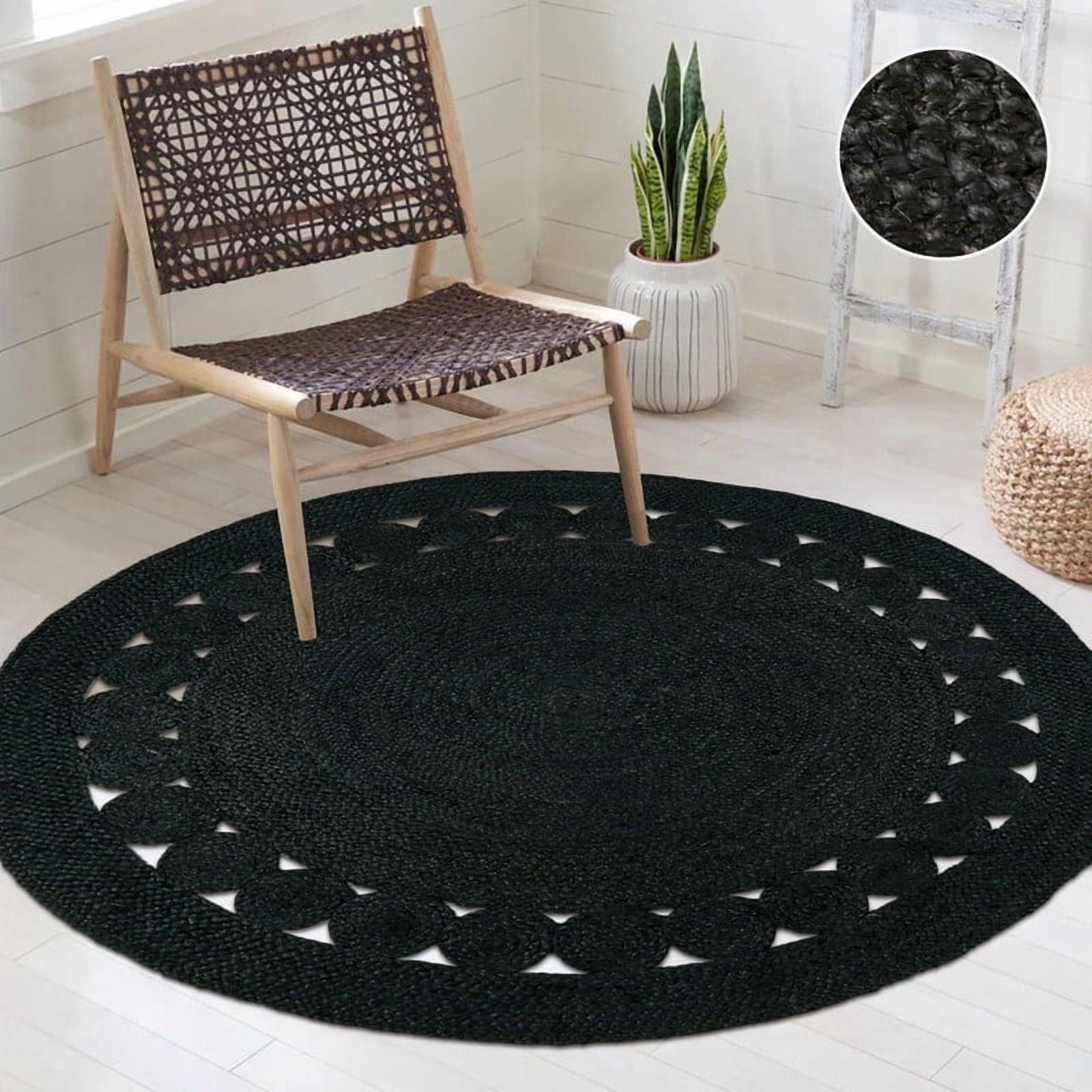Round Natural Jute Rug, Rustic Boho Coastal Farmhouse Reversible Mat, Black Jute, 3 FT