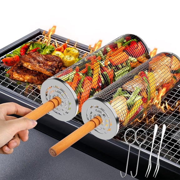 TIJITY Rolling Grill Baskets, Removable Wooden Handle, BBQ Net Tube-Rolling Stainless Steel Grilling Basket for Outdoor Grill for Fish, Shrimp, Meat, Vegetables, Fries Cooking Camping, 2 Pack