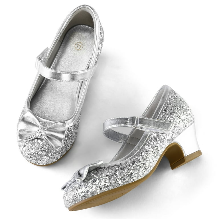 Kushyshoo Silver Girls Dress Shoes Mary Jane 1.5in Low Heel