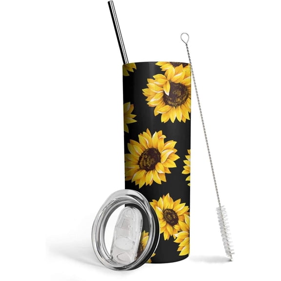 Stainless Steel Skinny Tumbler Sunflower Pattern Black Background Tumbler Cups Steel Vacuum Hot Cold Iced Coffee Cups 20 Oz