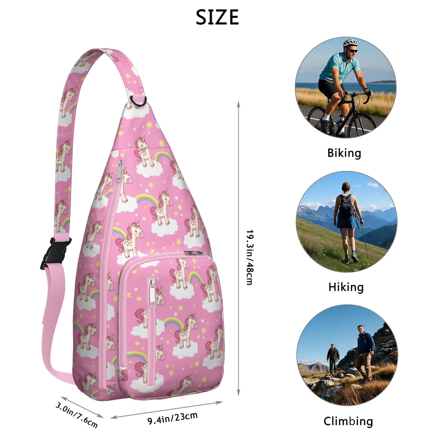 Magical Mythical Horse Sling Bag - Unicorn Rainbow Cartoon Print (Multi-Pocket Organized, Adjustable & Waterproof)