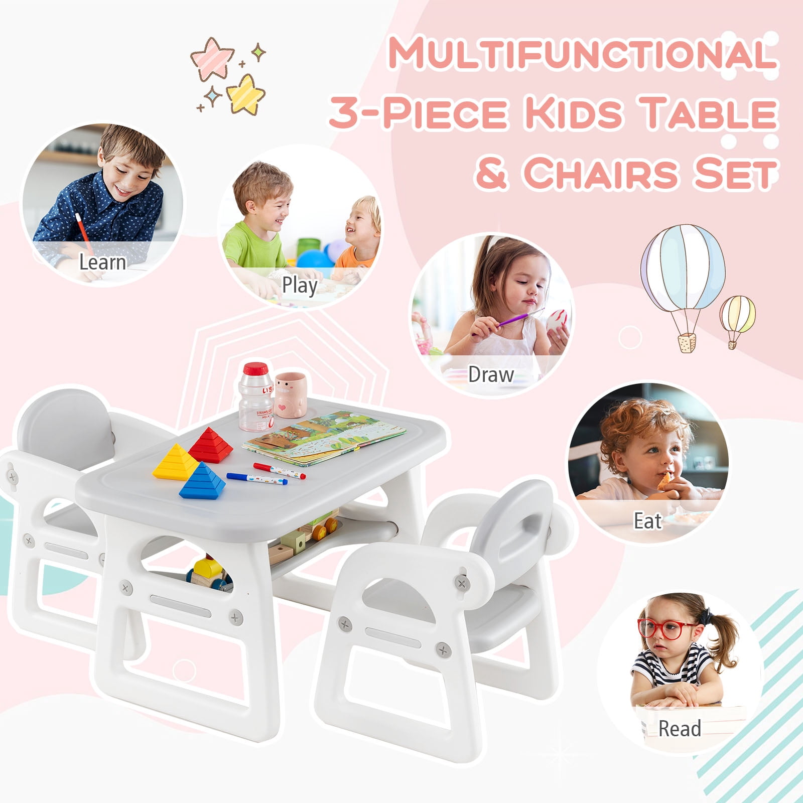 Costway 3-Piece Kids Table and Chair Set Toddler Activity Study Desk with Building Blocks Gray
