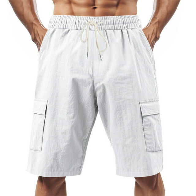 Shorts Cargo en Lin Décontractés pour Hommes avec Poches - Revêtement Résistant à l'Eau, Design Multi-Poches, Lavable en Machine, Tailles S-TTTG