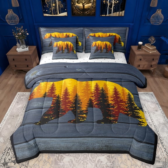 Feelyou Jungle Bear Print Twin Bedding Sets 7-Piece, Vintage Blue Cabin Bedding Comforter Set, Rustic Farmhouse Theme Reversible Sheet Sets, Microfiber Bedroom Decor