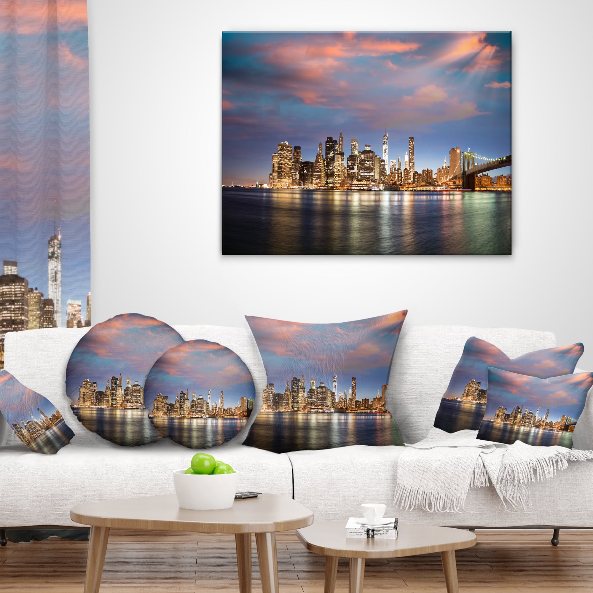 Designart Manhattan at Nighttime - Cityscape Photography Throw Pillow - 16x16