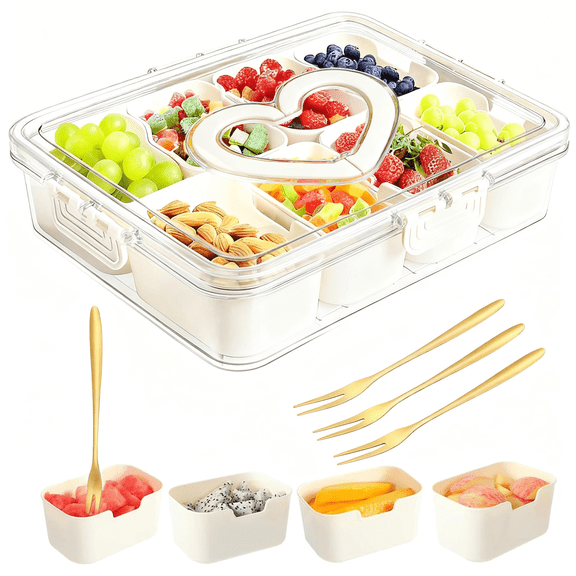 Snackle Box Container,Portable Snack Box 8 Compartment Divided Serving Tray with Lid and Handle a for Fruit Candy Nuts Veggie-Perfect