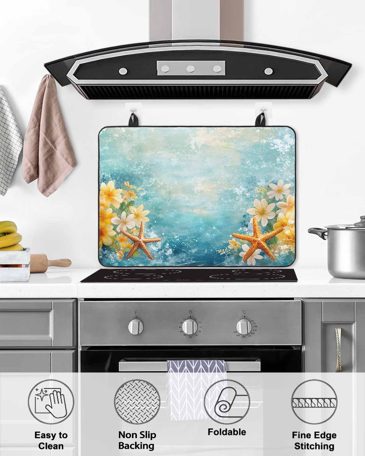 nqOlkjepod Large Induction Cooktop Protector Mat 24"x21", Summer Coastal Stove Top Covers for Electric Stove, Blue Ocean Starfish Botanical Flowers Stove Burner Cover Mats, Glass Top Stove Cover
