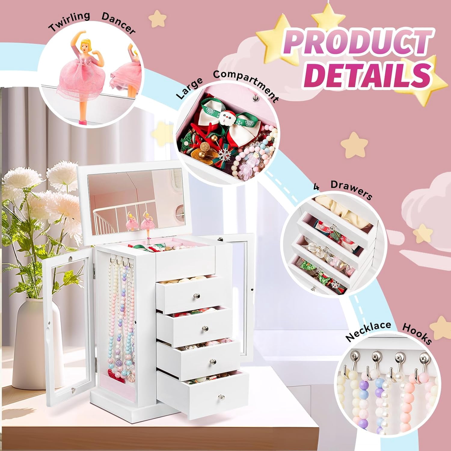 Music Jewelry Box for Girls, 5 Layer Musical Jewelry Organizer with Spinning Dancer for Kids Christmas New Year Birthday Gifts