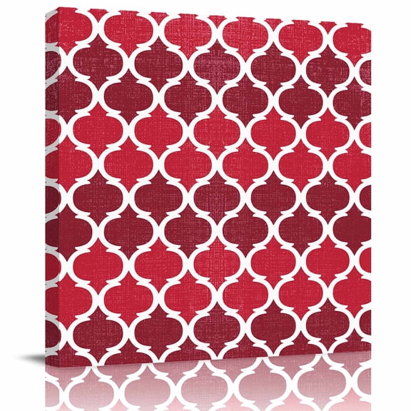Framed Canvas Wall Art for Living Room Red Moroccan Design Wall Decor, Retro Geometric Pattern Aesthetic Paintings for Bedroom Office Kitchen Bathroom, Ready to Hang Artwork Wall Pictures 8x8 Inch