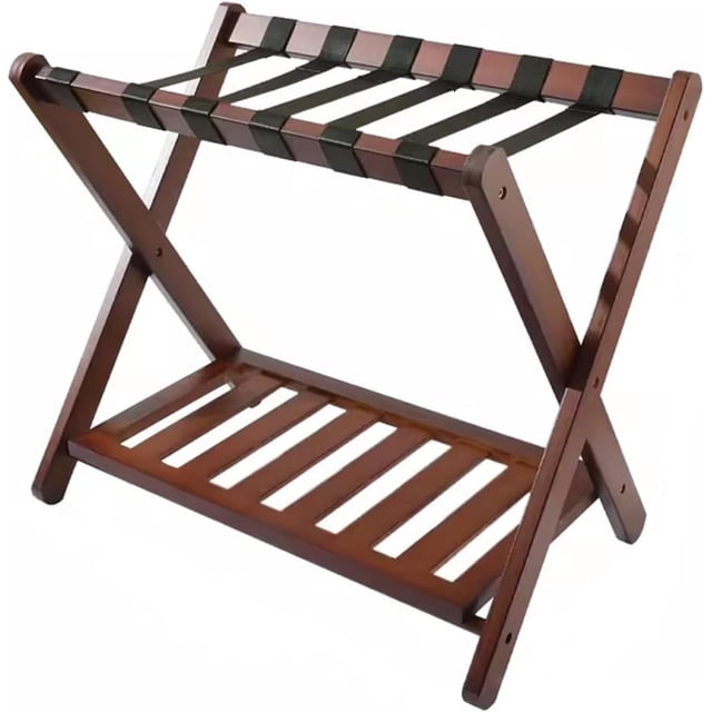 Luggage Rack Bamboo Hotel Room Luggage Rack, with 6 Heavy-Duty Nylon Straps, Foldable Double-Layer Storage Rack, 64x40x56cm, Brown