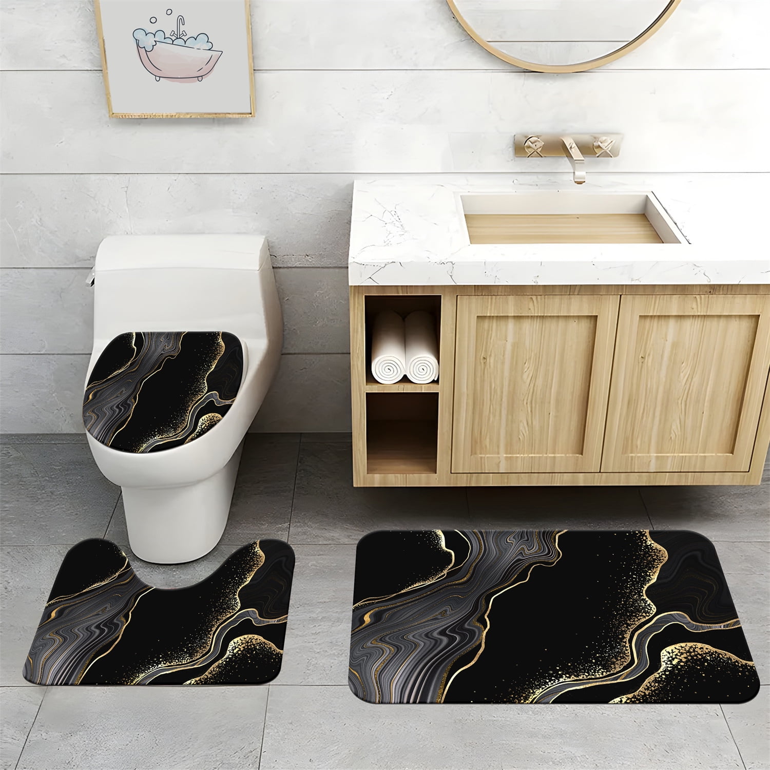 4pcs Black and Gold Marble Shower Curtain Set with Hooks for Bathroom