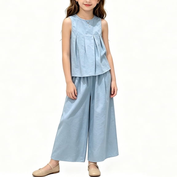 Amidoa Girls 2 Piece Outfits Summer Clothes Cotton Tank Top Solid Color T-Shirt and Shorts Casual Kids Clothing Sets,Blue Size 5T