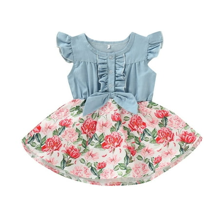 

9 Months Baby Girl Clothes 12 Months Infant Baby Girls Summer Dress Ruffle Flying Sleeve Denim Dress Sleeveless Floral Dress Blue