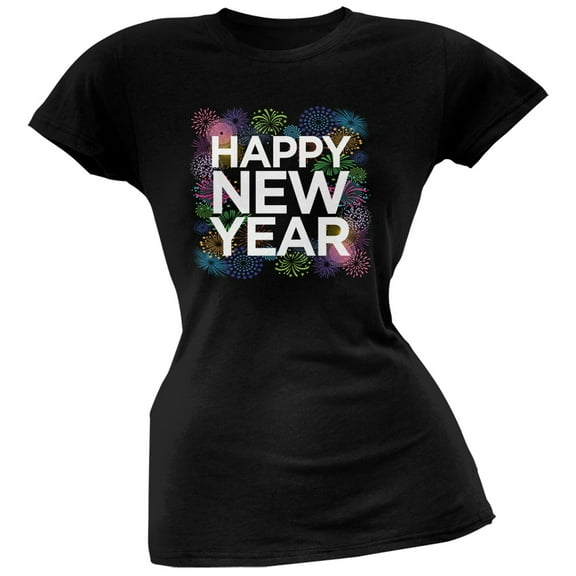 Happy New Year Fireworks Black Soft Juniors T-Shirt - Large
