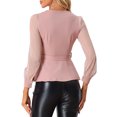 thumbnail image 3 of INSPIRE CHIC Women's Mesh Long Sleeve V Neck Ruffle Hem Peplum Top with Belt, 3 of 5