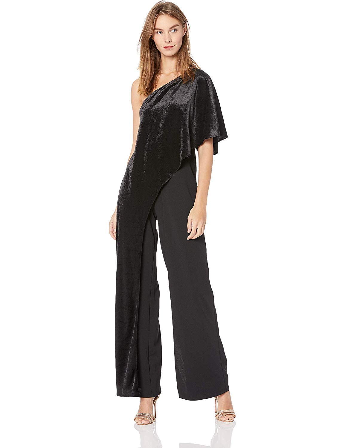 one shoulder velvet jumpsuit