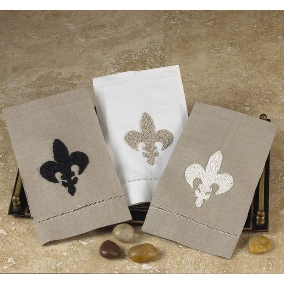 Hand Embroidered and Hemstitched Fleur-De-Lis Guest Towel. 4 Pieces. (Natural Towel w/ Black Fleur-De-Lis)