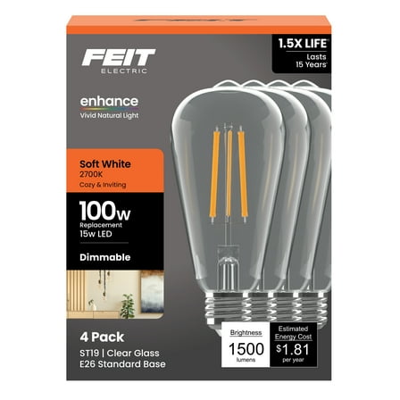 Feit Electric ST19 LED 15W (100W Equivalent) Soft White (2700K), Medium E26 Base, Clear Glass Filament, Dimmable Light Bulb 4 Pack