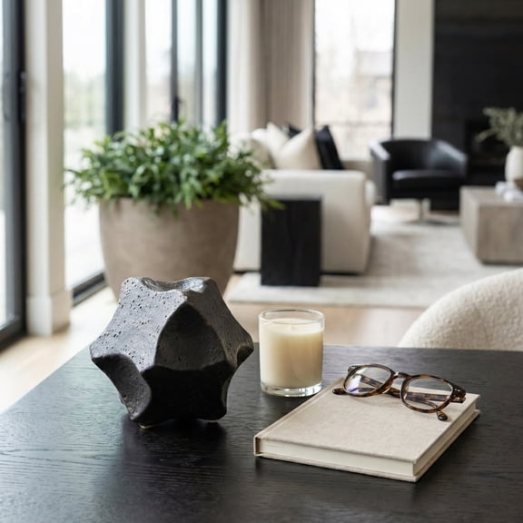 Geometric Star Orb for Home Decor - Modern Stoneware Sculpture for Living Room, Office, Shelf or Coffee Table Accemt - Decorative Ornament Figurine for Bathroom Counter Styling - 5", Black