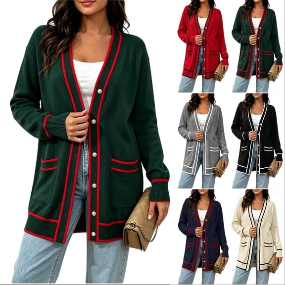 Tqcoqu Plus Size Button Front Cardigan for Women, Contrast Trim Loose Fit Long Sleeve Knit V Neck Sweater Coat with Pockets