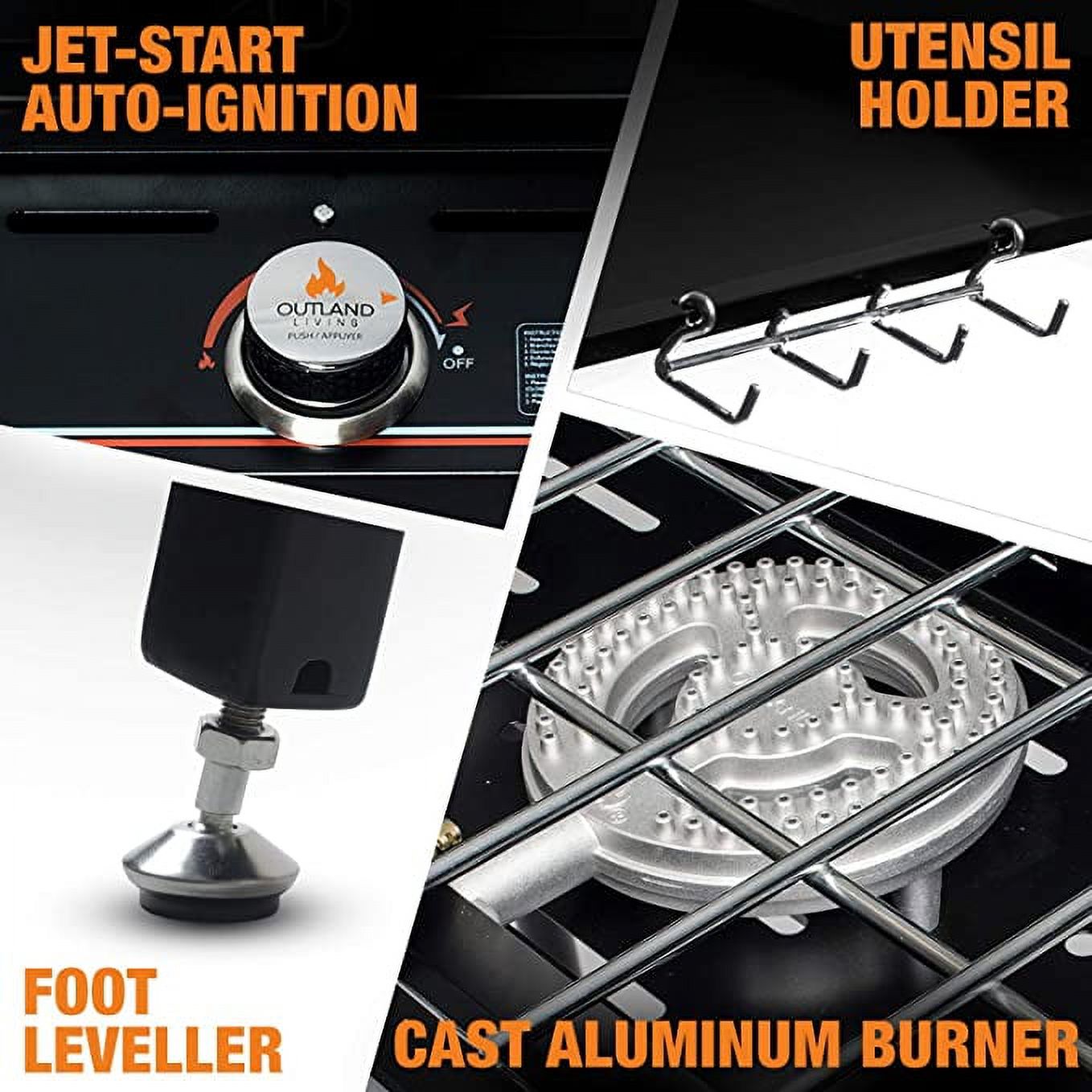 Outland Living Summerland Portable Camping Stove - 3 Propane Gas Cooking Burner With Auto Ignition - 2 Folding Cook Stations - Adjustable Leg