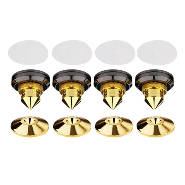 4 altavoces negros, protectores de suelo, alfombrillas, soportes de aislamiento, conos para los pies y base. Aleación de oro
