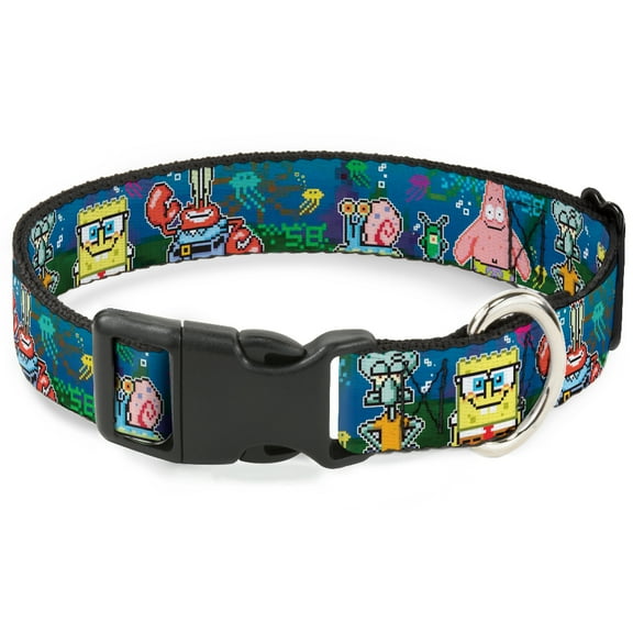 Nickelodeon Pet Collar, Dog Collar Plastic Buckle, Spongebob Friends 8 Bit Scene, 7 to 8.5 Inches 0.5 Inch Wide