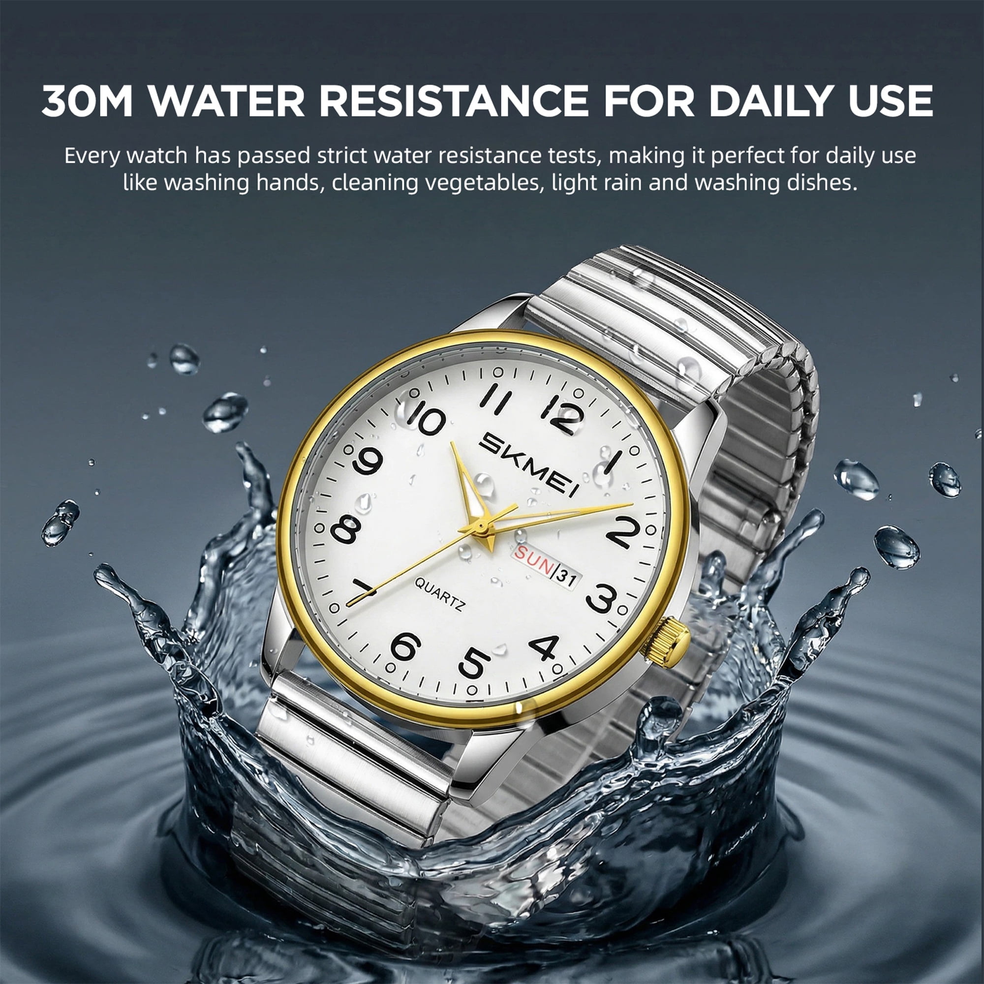 SKMEI Watches for Men Easy Reader Analog Mens Quartz Watch with Stainless Steel Expansion Band Luminous waterproof watch