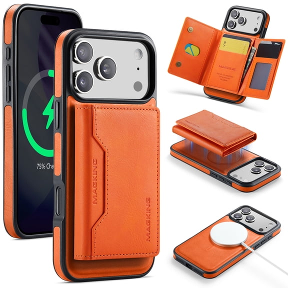 Magnetic Wallet Case for iPhone 17 Pro Max with Card Holder, Detachable Wireless Charging Faux Leather Kickstand Case with 8 Card Slots, RFID Blocking - 6.9 inch (Orange)