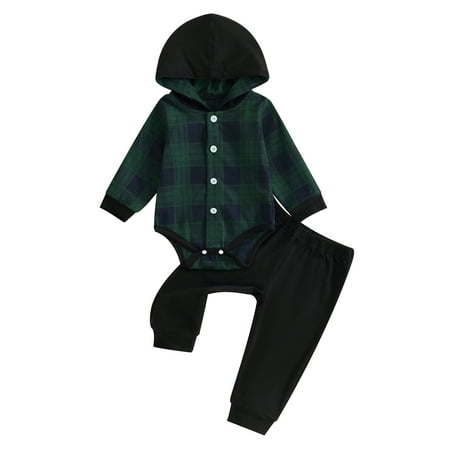 

KelaJuan Baby Boy 2 Piece Outfit Plaid Long Sleeve Hooded Rompers and Elastic Pants Set Fall Spring Clothes