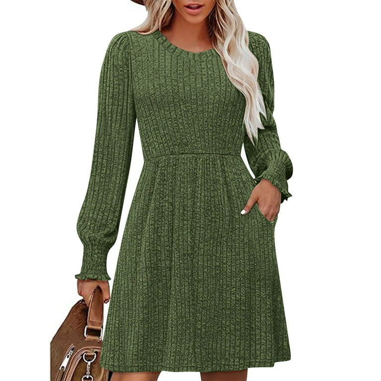 Jinhomg Long Sleeve Midi Dresses for Women Fall Fashion Casual Vacation  Dress Crewneck Baggy Solid Color Long Tshirts Dress Green S - Walmart.com