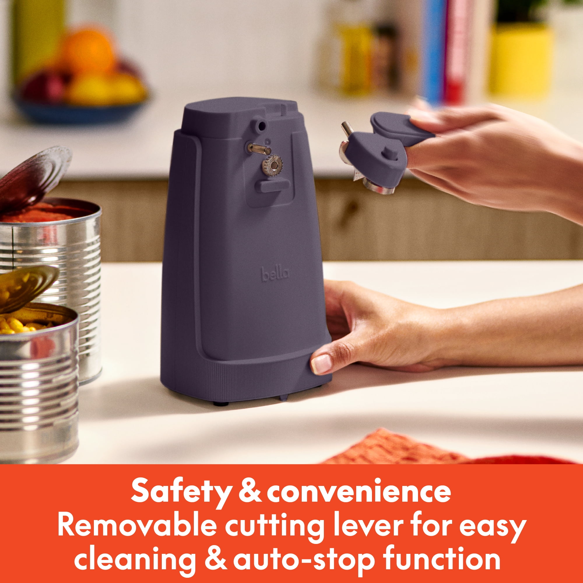 bella Electric Can Opener with Stainless Steel Cutting Blade and Cord Storage, Plum
