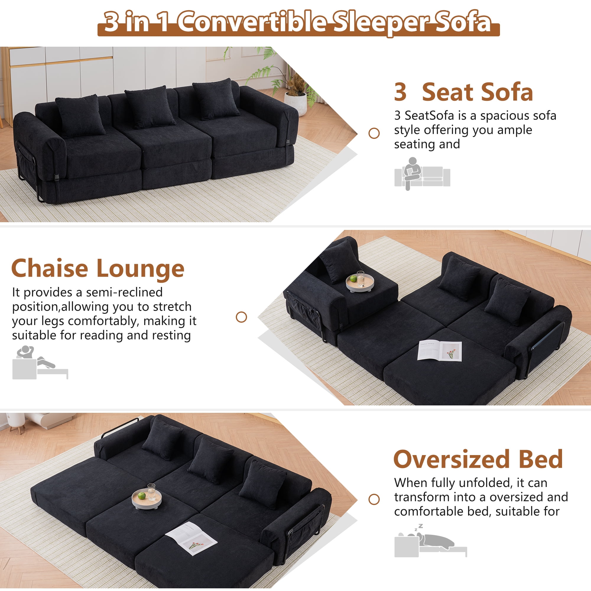 GNIXUU 98.81" Modern Modular Recliner Sofa, Convertible Sleeper Bed,Folding Mattress 3 Seater Couch with Fixed-Shape Frame ,Comfy Lazy Boneless Couches for Living Room Bedroom Lounge,Black