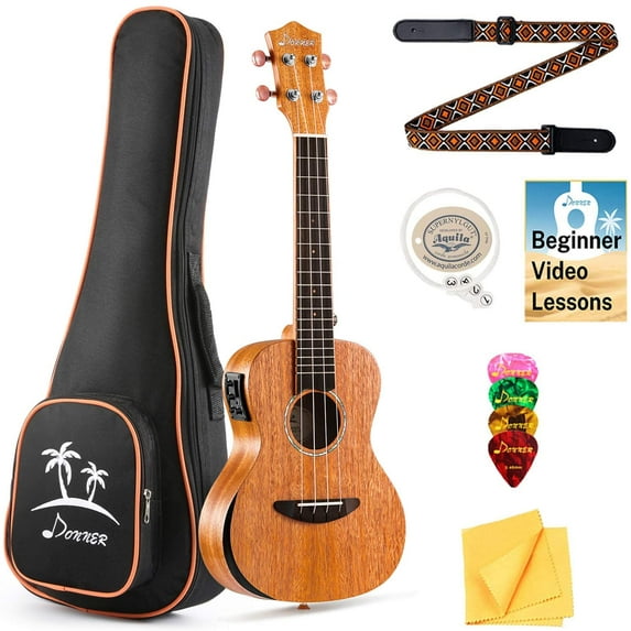 Donner DUT-4E, Electric Tenor Acoustic Ukulele Built-in Tuner Solid Top Mahogany Arm Rest 26" Beginner Kit with Online Lesson EQ Gig Bag, Strap, String, Picks, Cloth