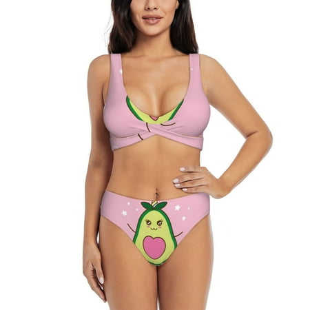 Zeuib Cute Avocado High Waisted Tummy Control Bikini Set - Knot Front Push Up Top & Cheeky Thong Bottom  Two-Piece Swimsuit for Women-Small