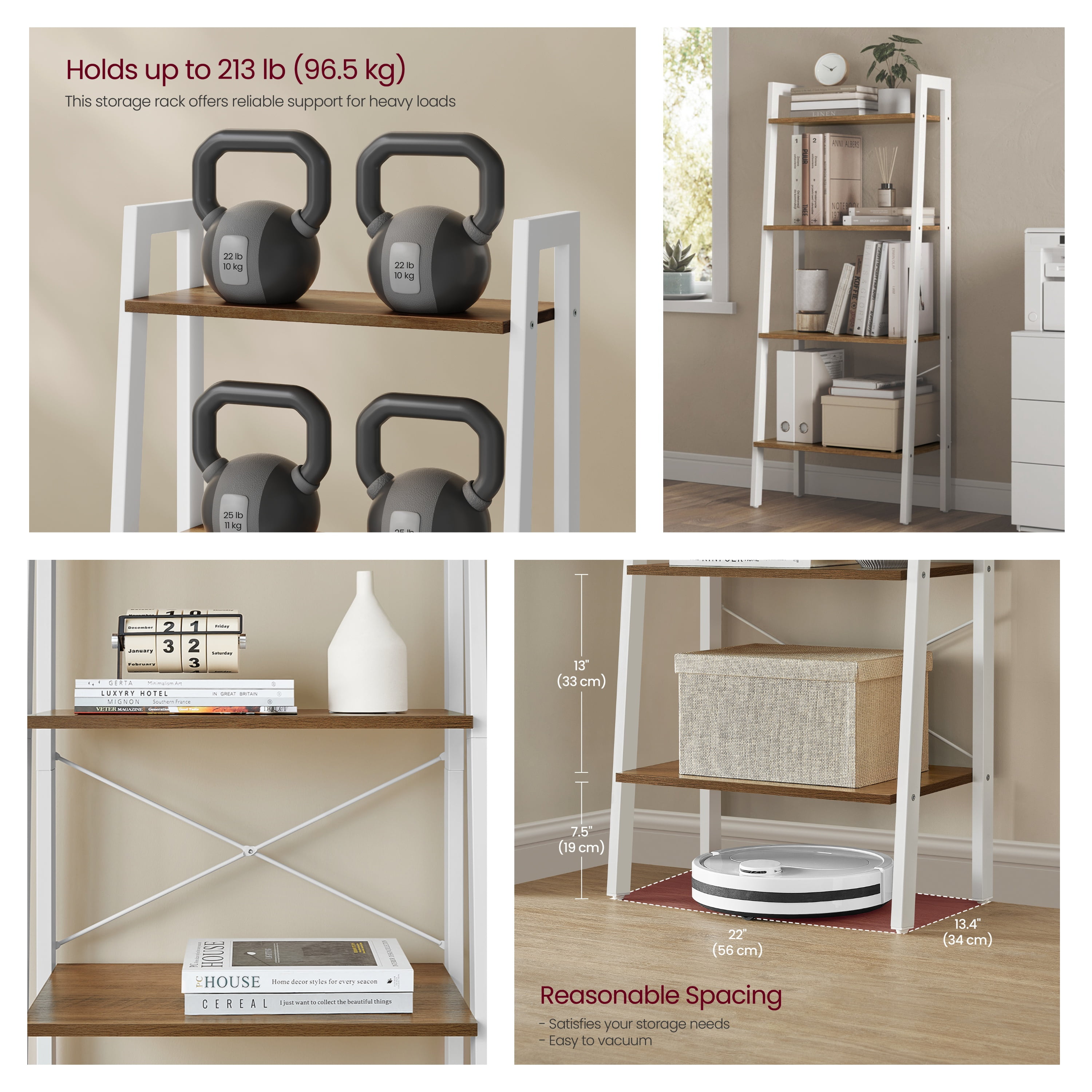 LEDREM Ladder Shelf, 4-Tier Bookshelf, Storage Rack, Bookcase, for Living Room, Kitchen, Bedroom, Honey Brown and Cloud White