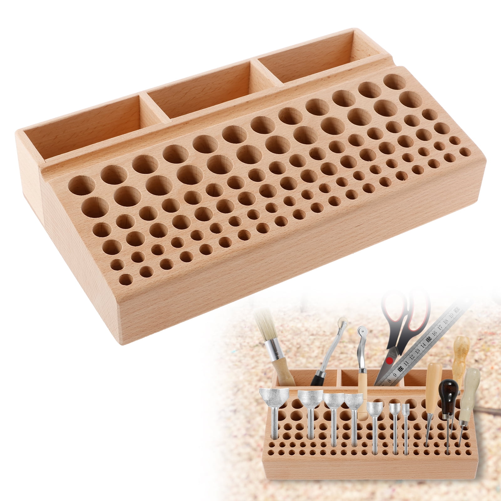 Wekvgz Wood Leather Tool Holder 98 Holes Professional Leather Craft Tool Holder with 3 Slots Large Capacity Leather Working Tool Holder for Hole Punch Leather Tools
