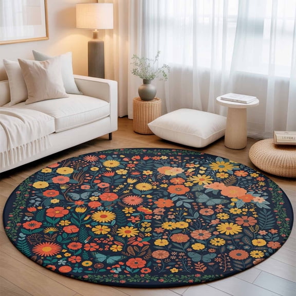 Round Area Rugs 4Ft, Boho Flowers Non-Slip Washable Circle Rugs Carpet, Spring Abstract Watercolor Floral Leaf Indoor Outdoor Rug Floor Mats Throw Runner for Bedroom Living Room Bathroom