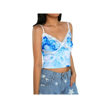 

Fanvereka Women s Tie Dye Camisoles Sleeveless Deep V Neck Lace Patchwork Slim Fit Crop Cami Tops