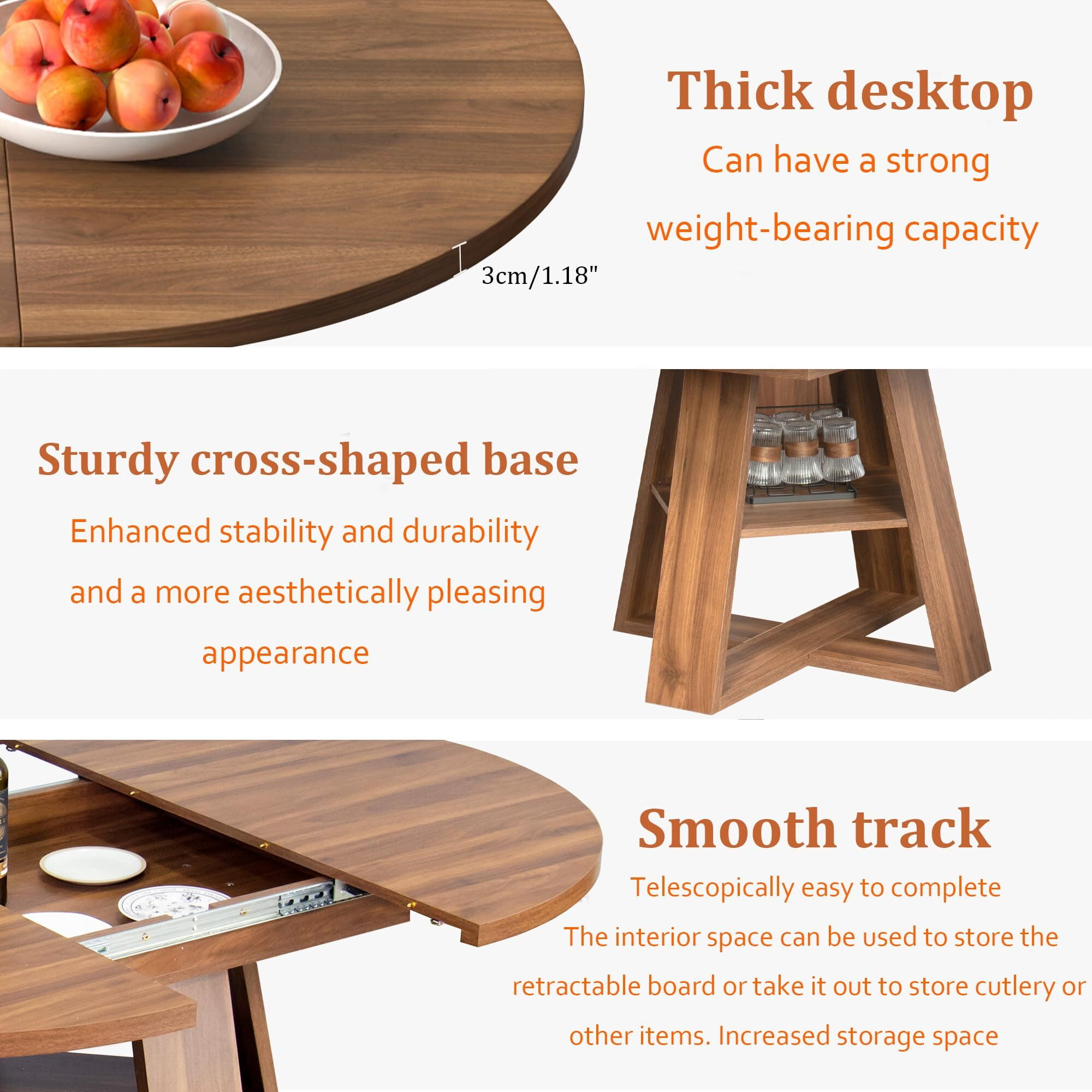 Fsbecl 43.3in-59in Extendable Round Dining Table for 4-8, Modern Wooden Kitchen Table with Removable Leaves, Walnut
