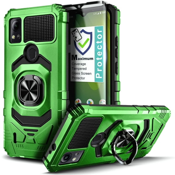 Nagebee For Cricket Icon 5 / AT&T Motivate 4 Phone Case with Tempered Glass Screen Protector, Full-Body Protective [Military-Grade] Magnetic Car Mount Ring Holder Durable Cover (Green)