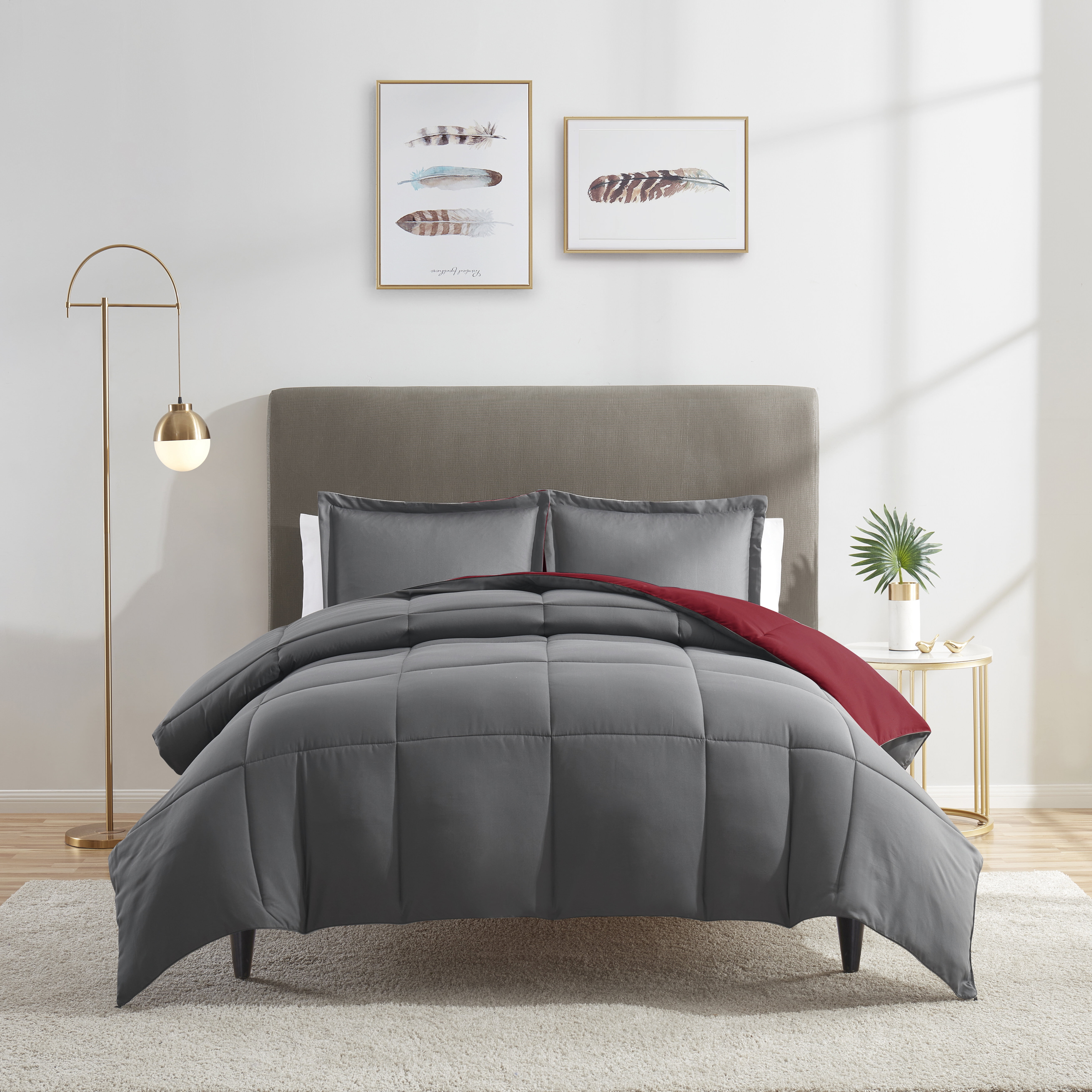 Nestl 3-Piece Soft Down Alternative Reversible King Comforter Set, King/Cal King, Grey & Burgundy