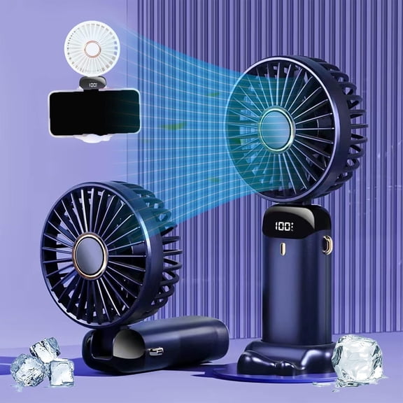 InnotechSC Portable Handheld Fan, 4000mAh Battery Operated 3 in 1 Multifunction Personal Travel Fan with Digital Display, 90° Foldable Desk Fan with Base, 5 Speed Lash Fan