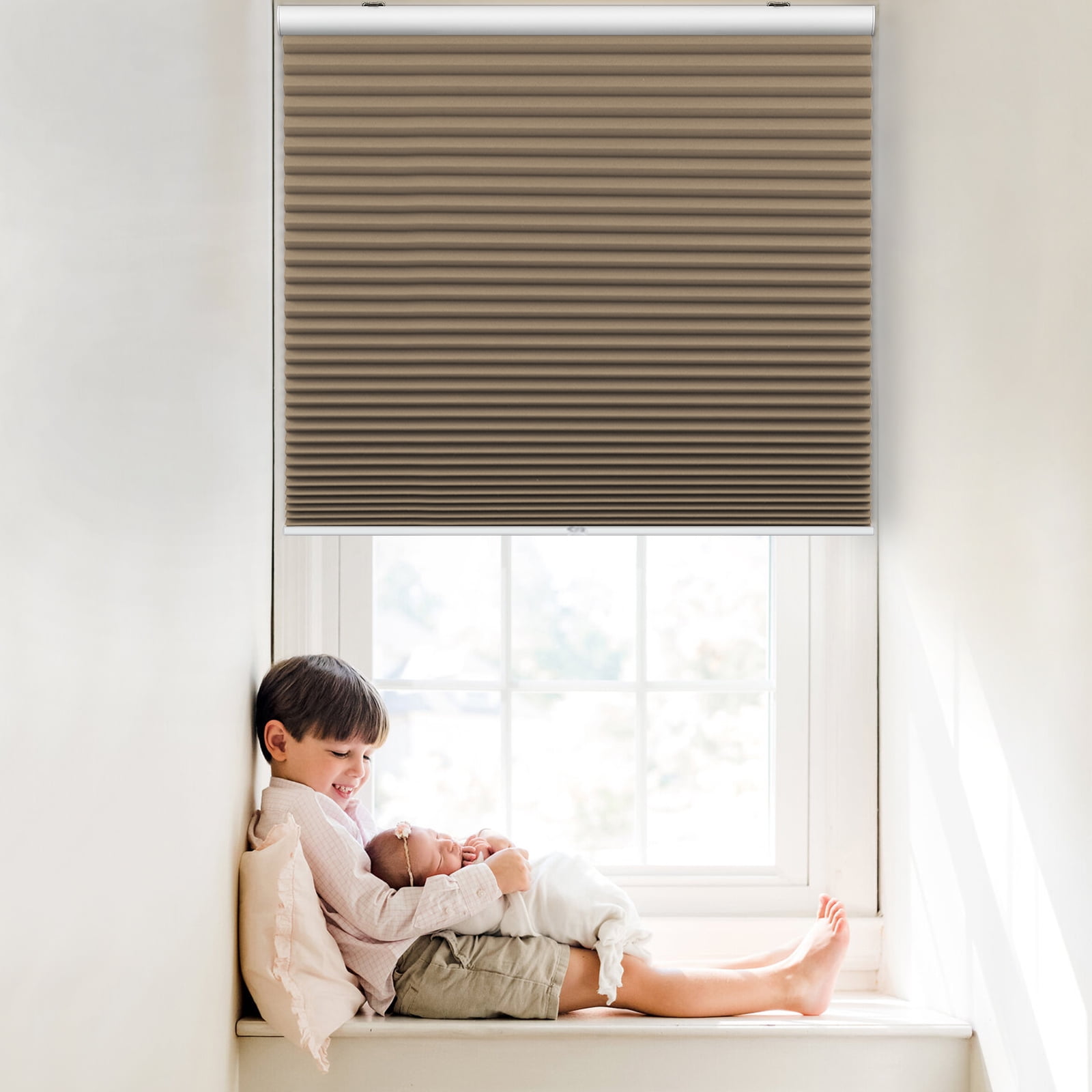 Keego Cordless Cellular Honeycomb Shades Window Shade for Home Office Decor Size and Color Customizable Brown Blackout Fabric White Case 18"w x 32"h