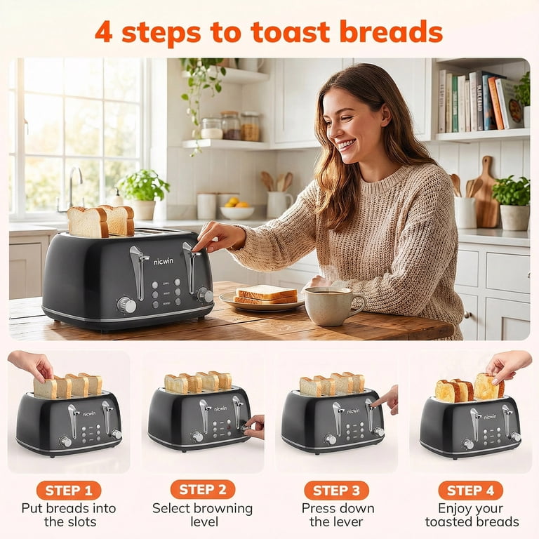 NICWIN 4-Slice Toaster, Extra-Wide Slots, Black photo 7
