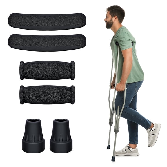 SupreGear Ergonomic Crutch Replacement Pads And Rubber Tips, Black, 6 Pack, Anti-Slip Comfort
