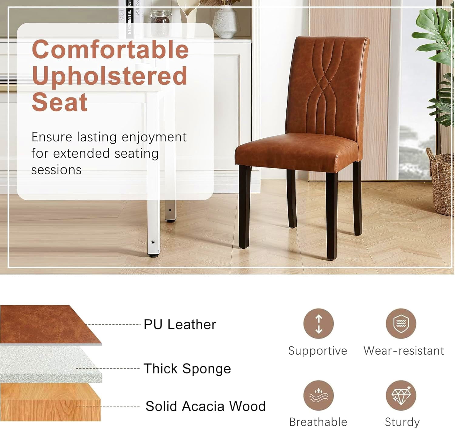 VECELO Upholstered Dining Chairs, Modern PU Leather High Back Chair with Wood Legs for Kitchen, Living Room, Set of 6, Brown