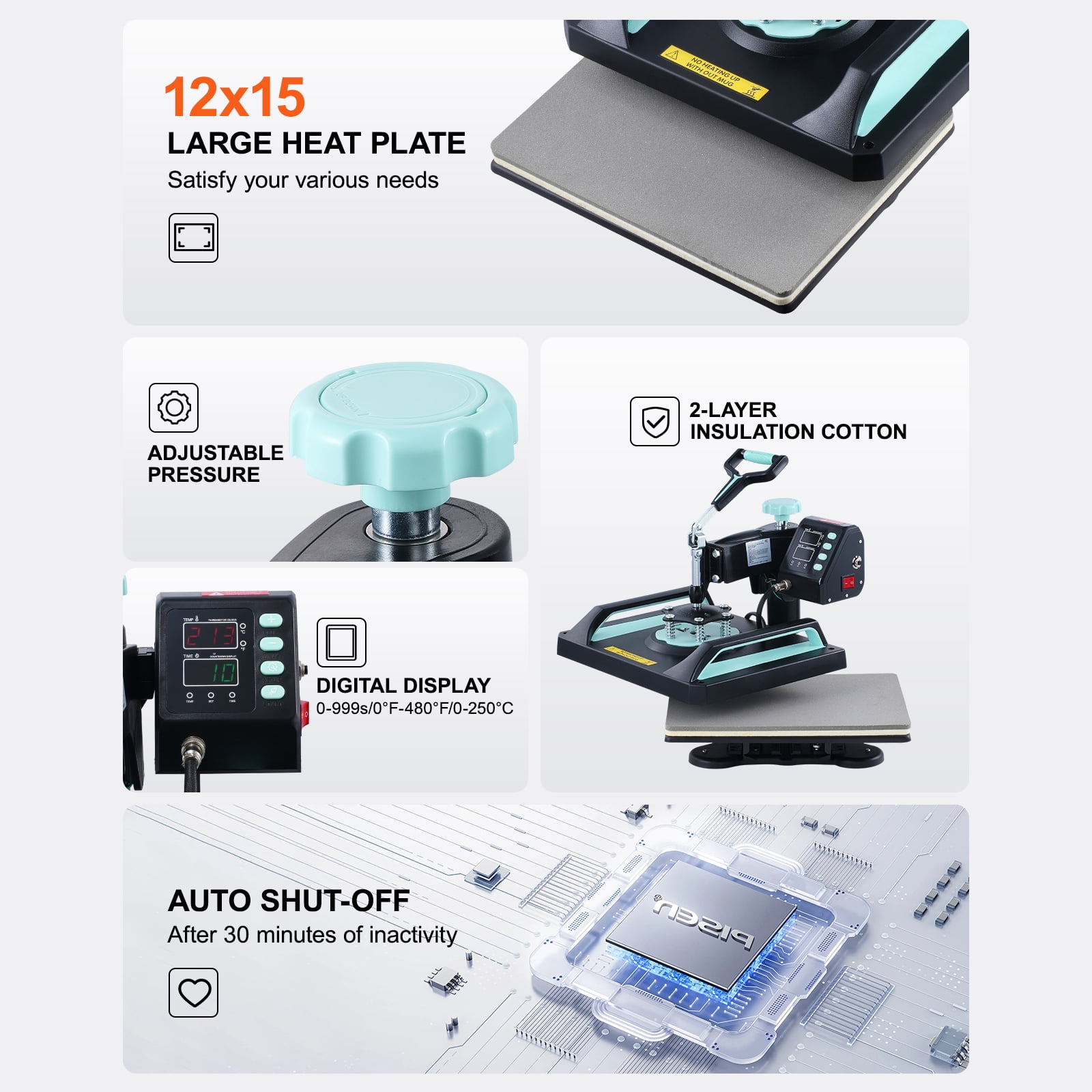 KFFKFF Heat Press, 12x15 inch, 8-in-1 Transfer Device with 30 oz Cup Press, Swivels 360°, Digital Control for T-Shirts/Mugs/Caps/Dishes, Teflon-Coated, Black and Green