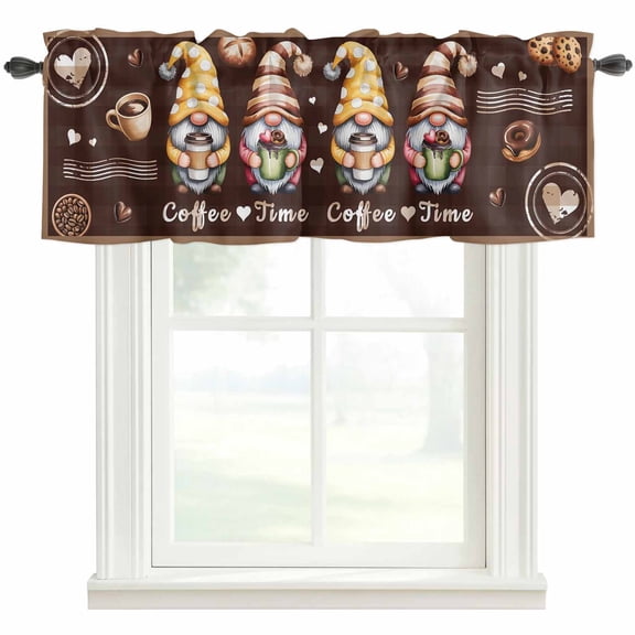 Farmhouse Coffee Time Rod Pocket Curtain Valance, Vintage Gnomes Desserts Brown Plaid Farmhouse Window Valance for Living Room, Bedroom, Kitchen 42"W x 18"L