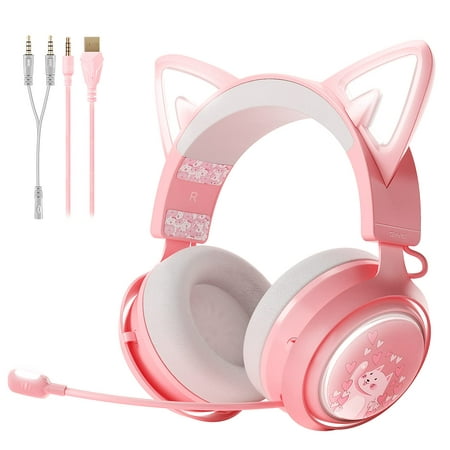GS510 Gaming Headset  Cat Ear Headset PC Gaming Headphones with Retractable Mic Noise Cancelling  Stereo Sound  DIY Face Covers for PC  PS4  PS5  Xbox One (Only White LED Light)